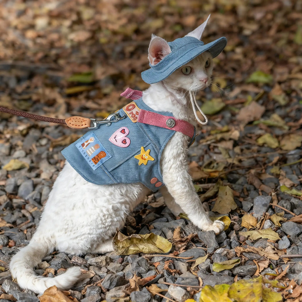 Kittyoo Outdoor Denim Vest with Leash for Pets