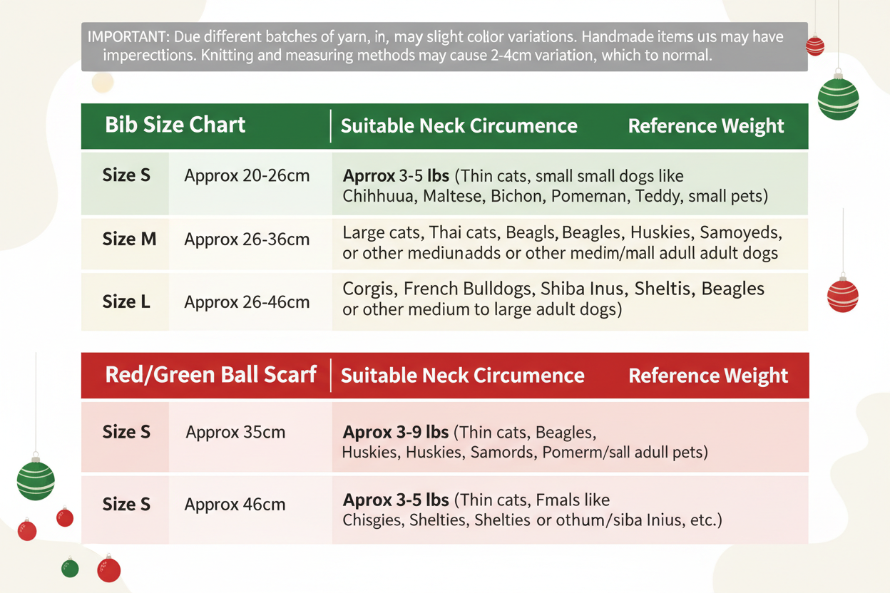Pet Christmas Accessories Size Chart - English